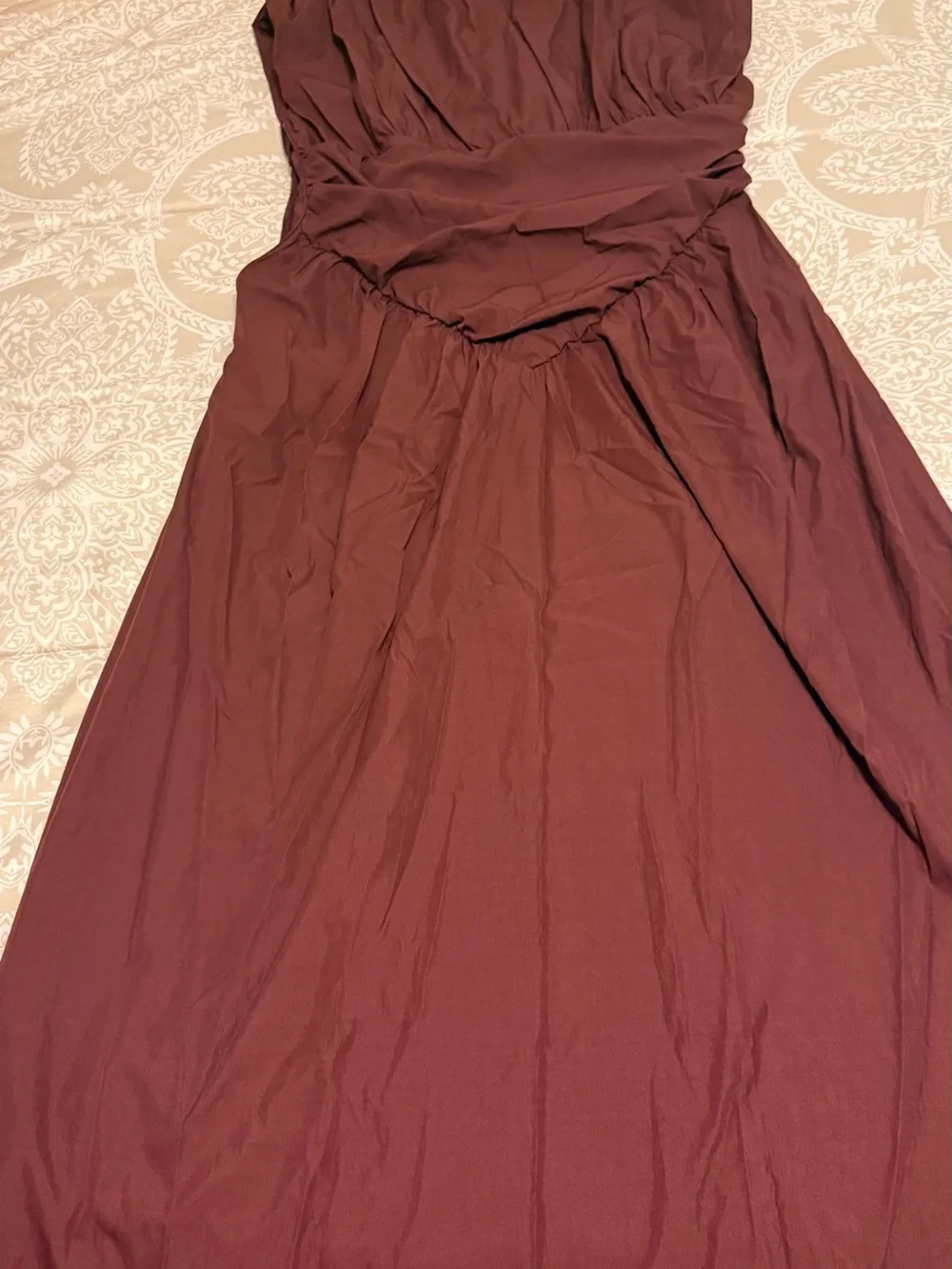 Elegant Short Sleeve Gathered Waist Maxi Dress - Deep Red - Picture 5 of 8